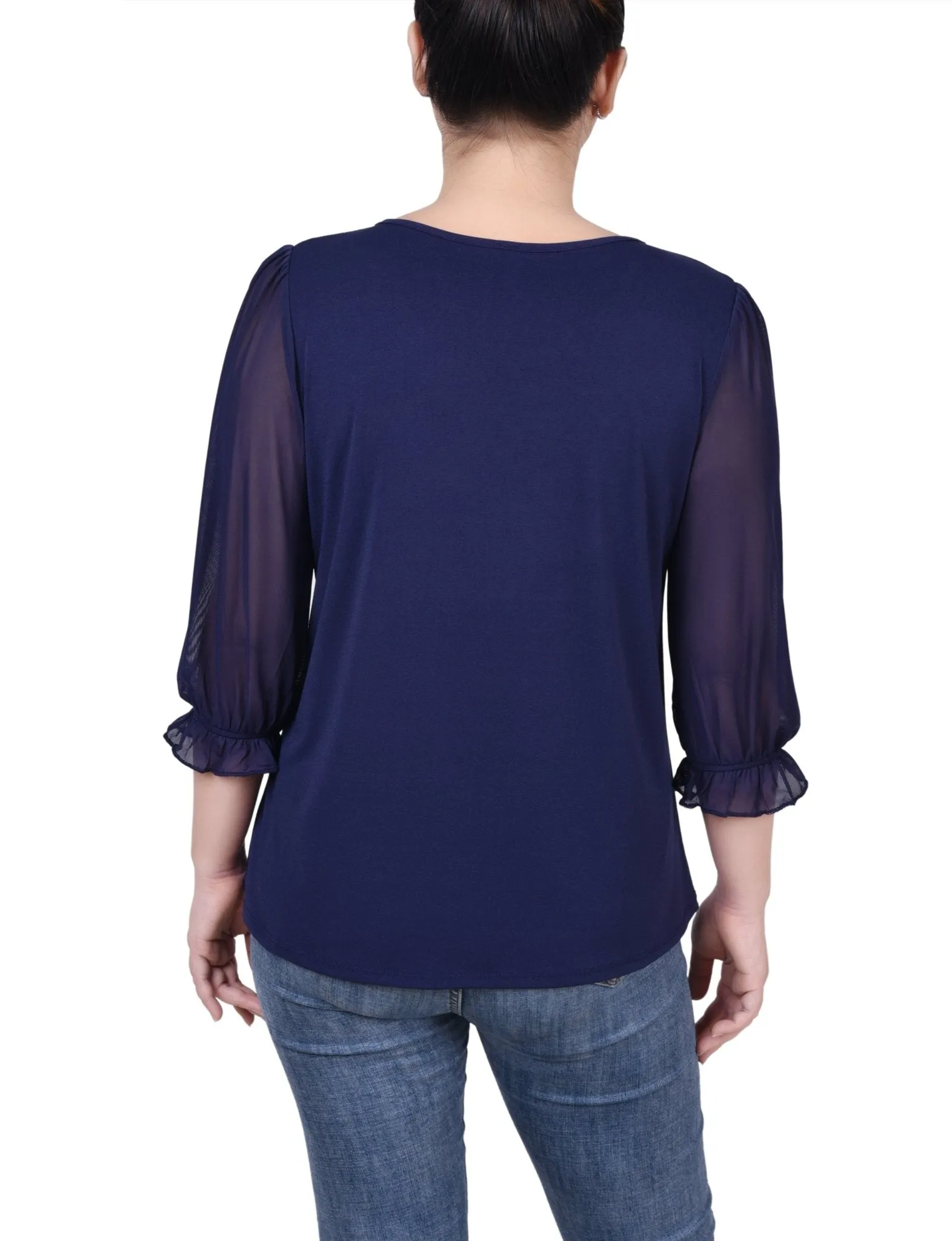 3/4 Length Sleeve Ringed Top With Mesh - Petite