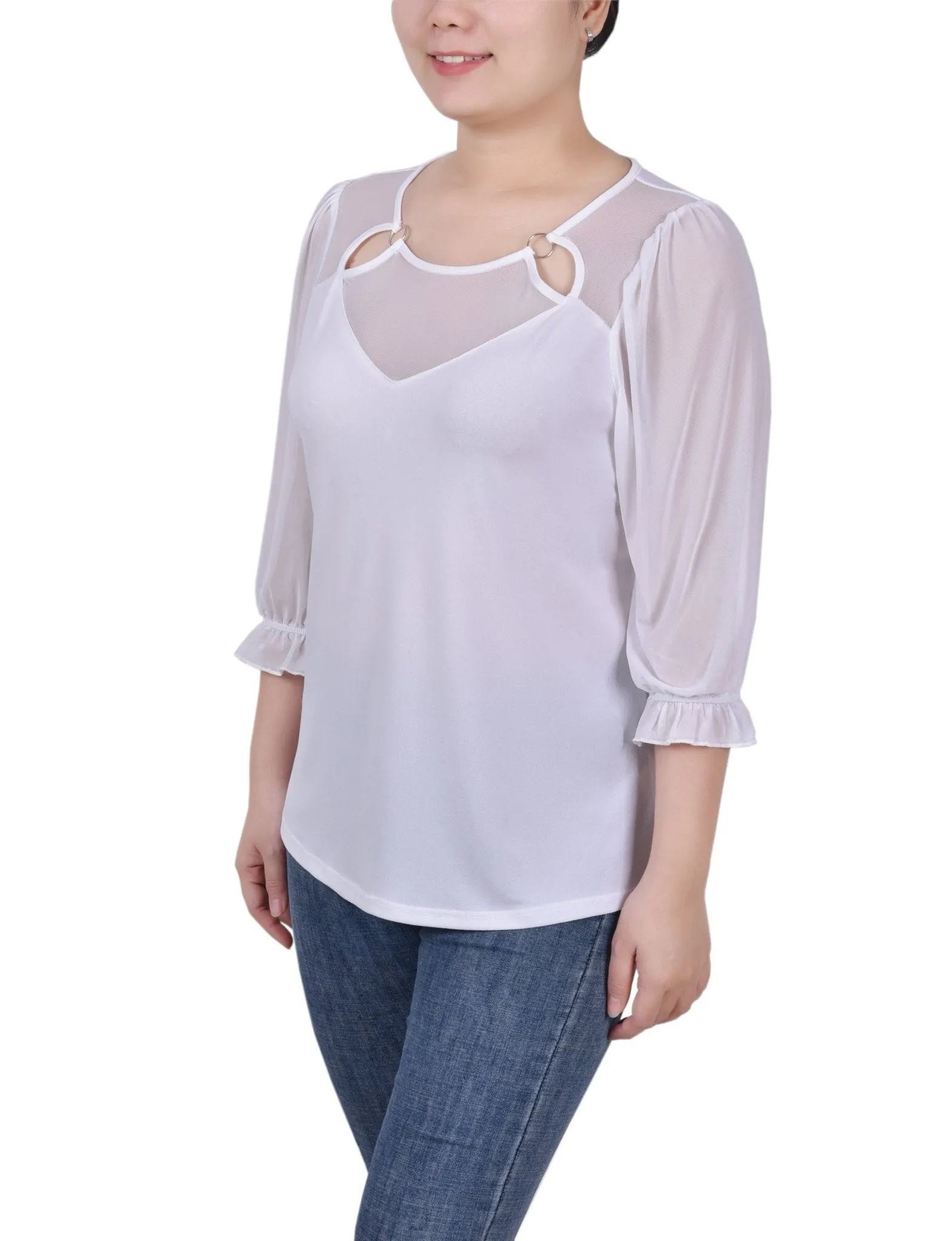 3/4 Length Sleeve Ringed Top With Mesh - Petite