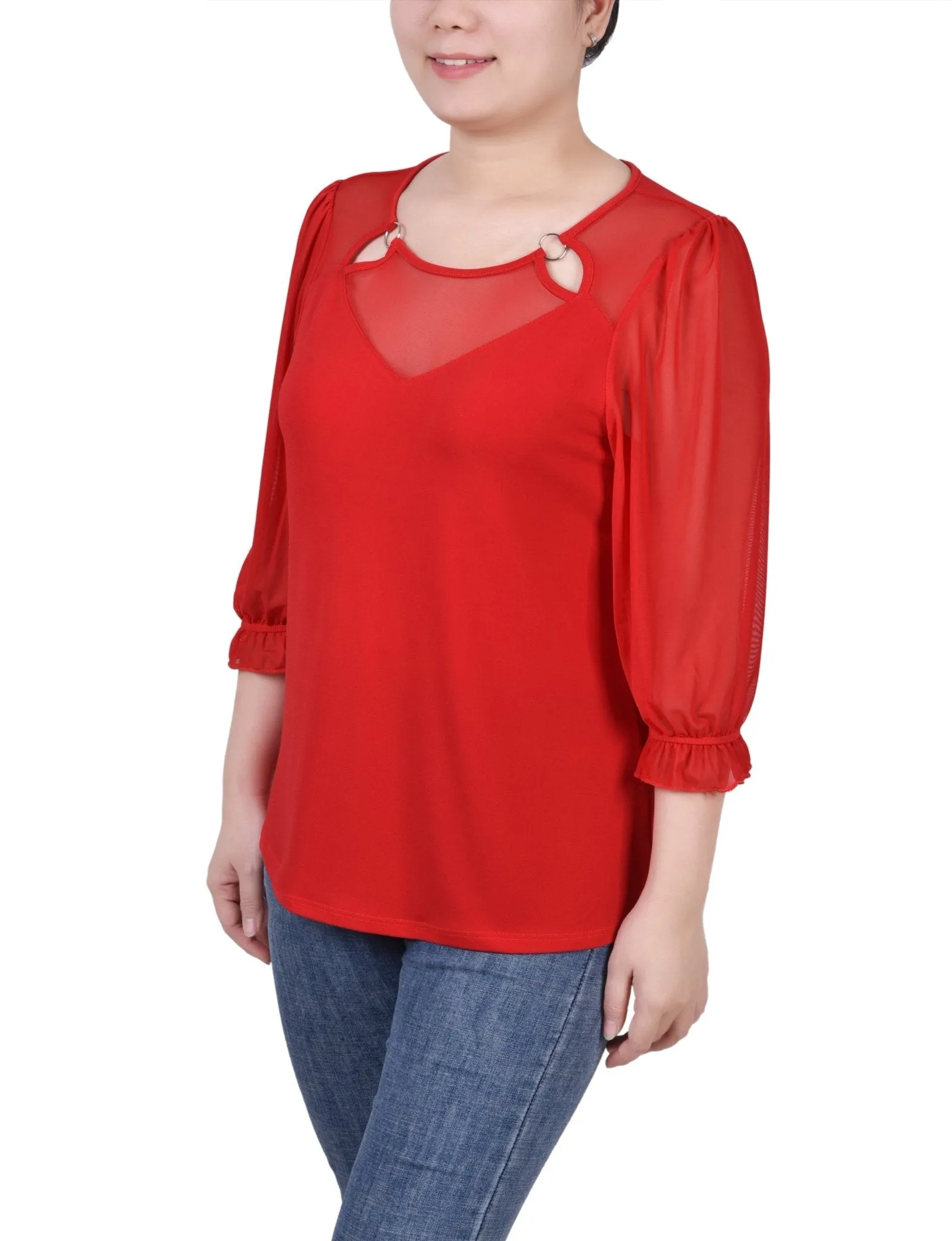 3/4 Length Sleeve Ringed Top With Mesh - Petite
