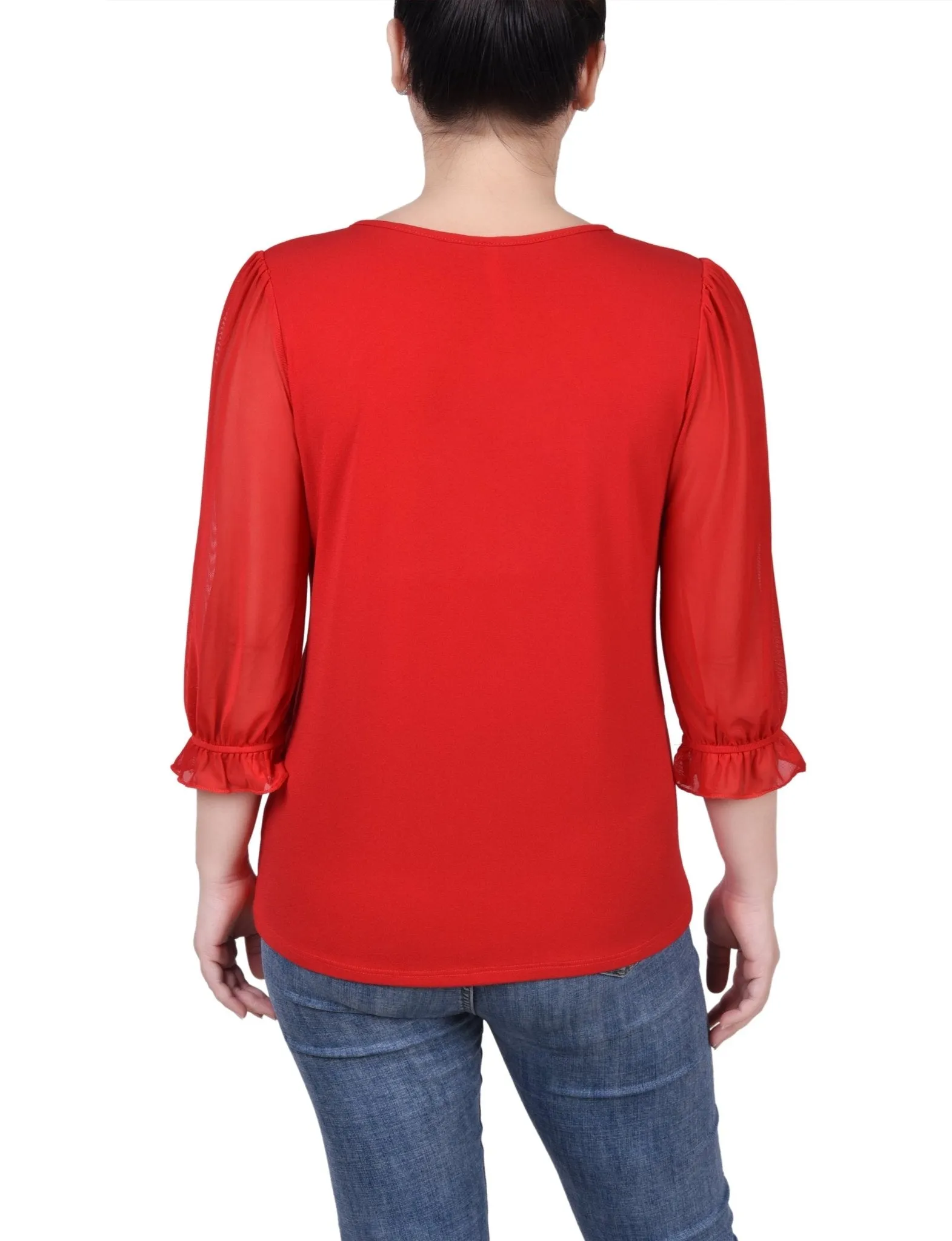 3/4 Length Sleeve Ringed Top With Mesh - Petite