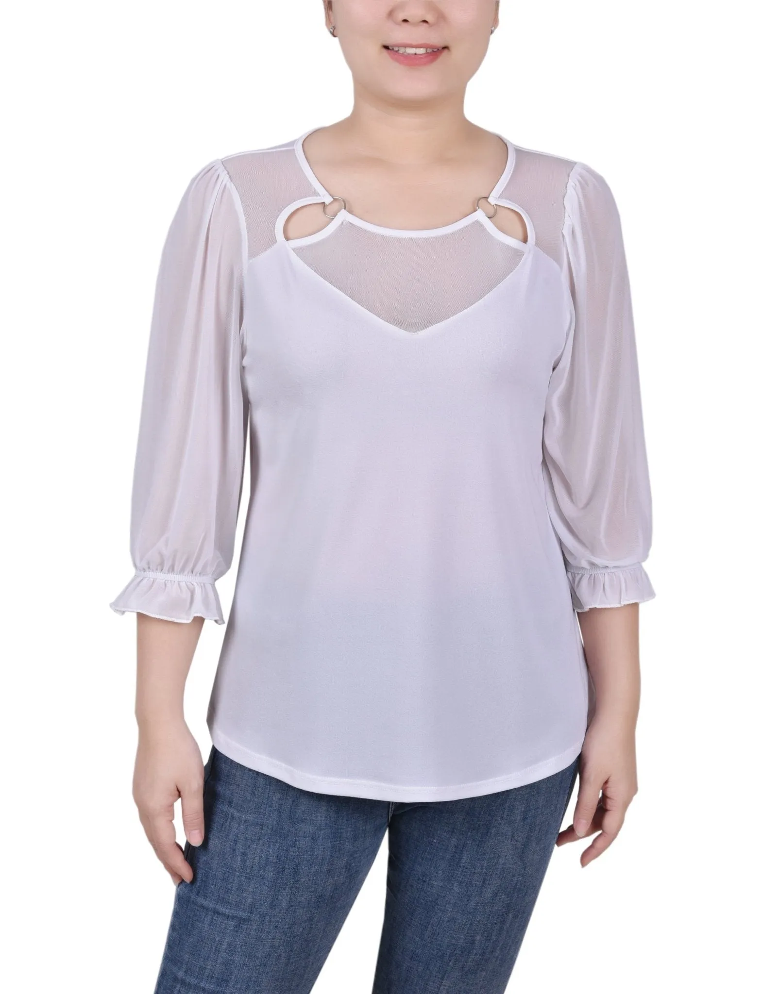 3/4 Length Sleeve Ringed Top With Mesh - Petite