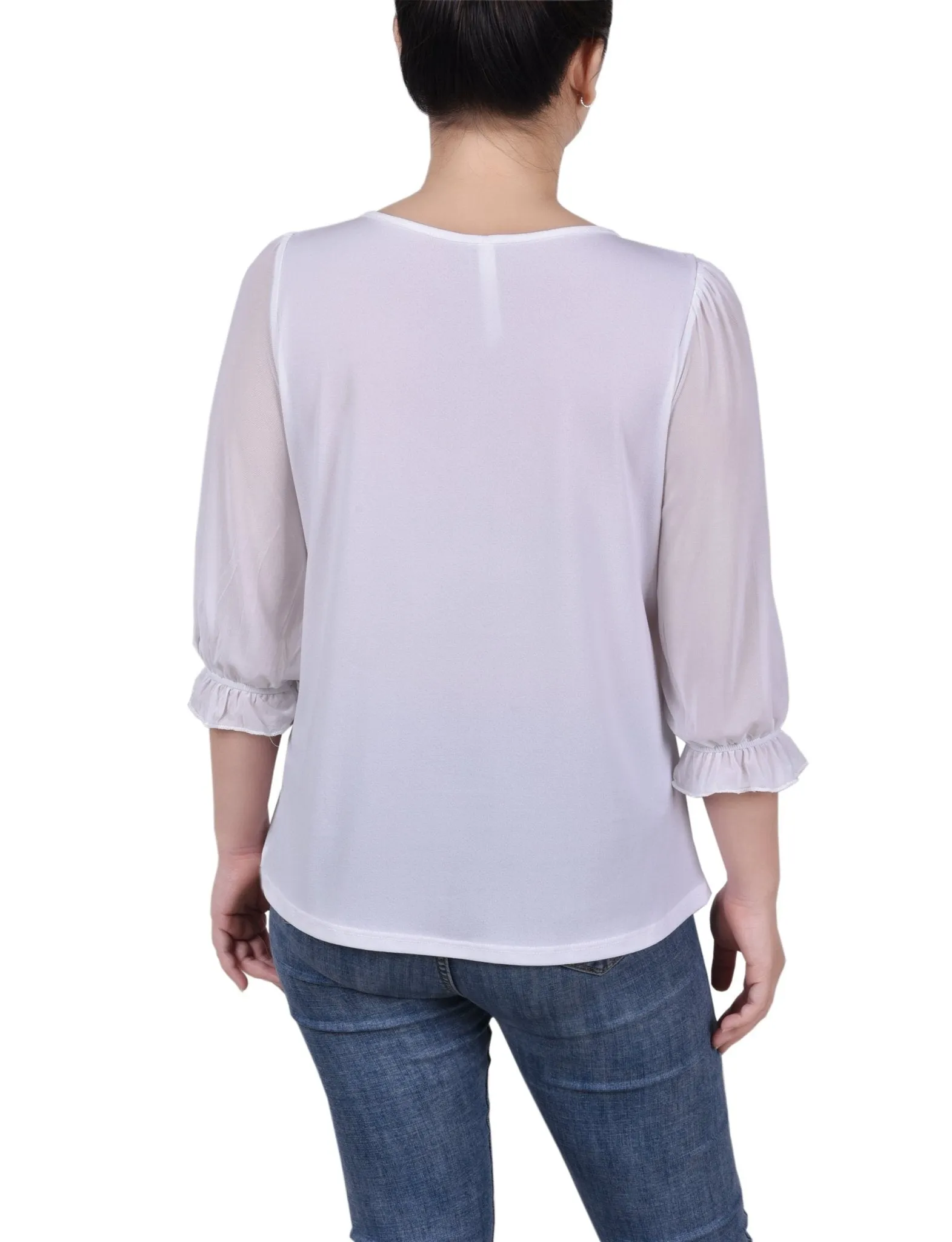 3/4 Length Sleeve Ringed Top With Mesh - Petite