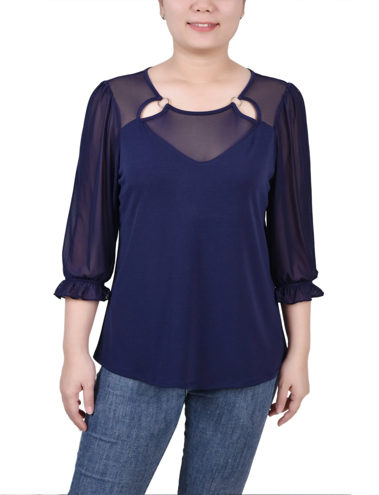 3/4 Length Sleeve Ringed Top With Mesh - Petite