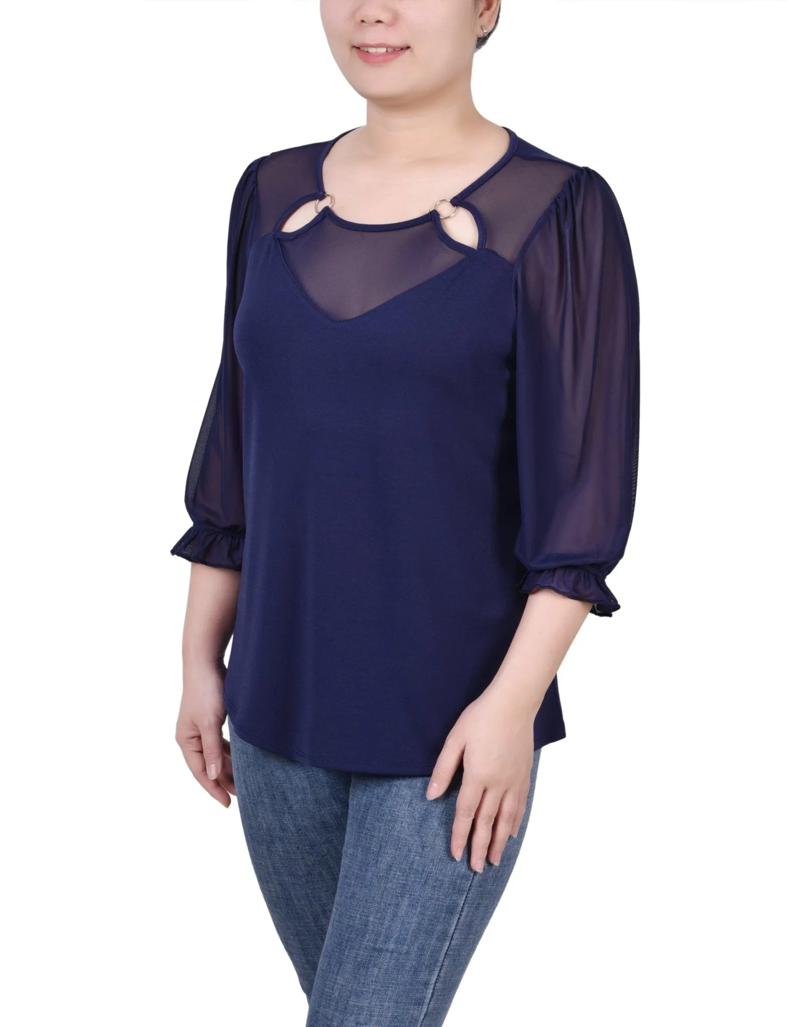 3/4 Length Sleeve Ringed Top With Mesh - Petite