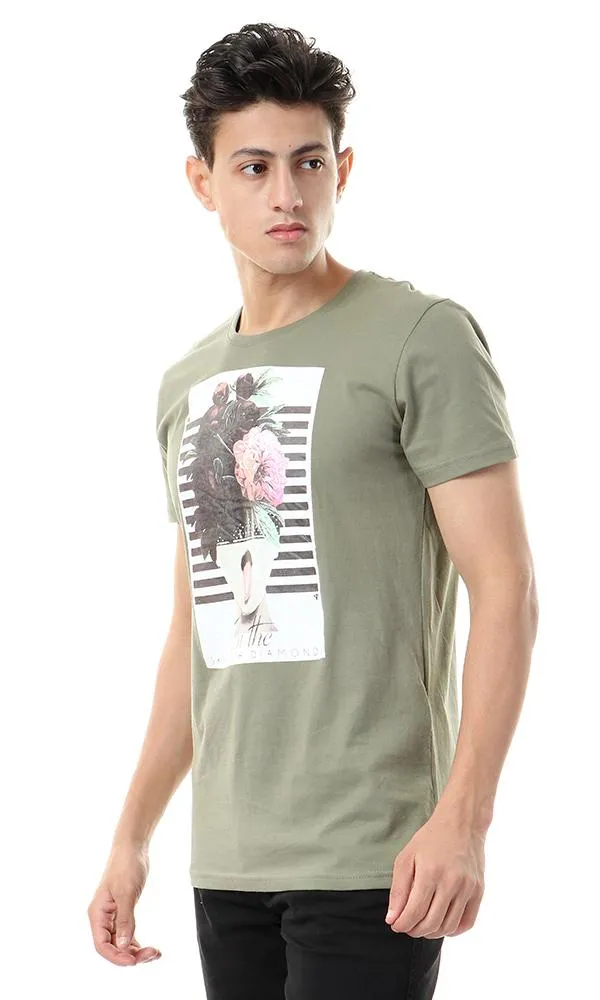 57484 Floral Head With Stripes Olive T-Shirt