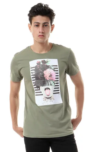 57484 Floral Head With Stripes Olive T-Shirt