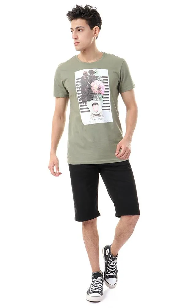57484 Floral Head With Stripes Olive T-Shirt