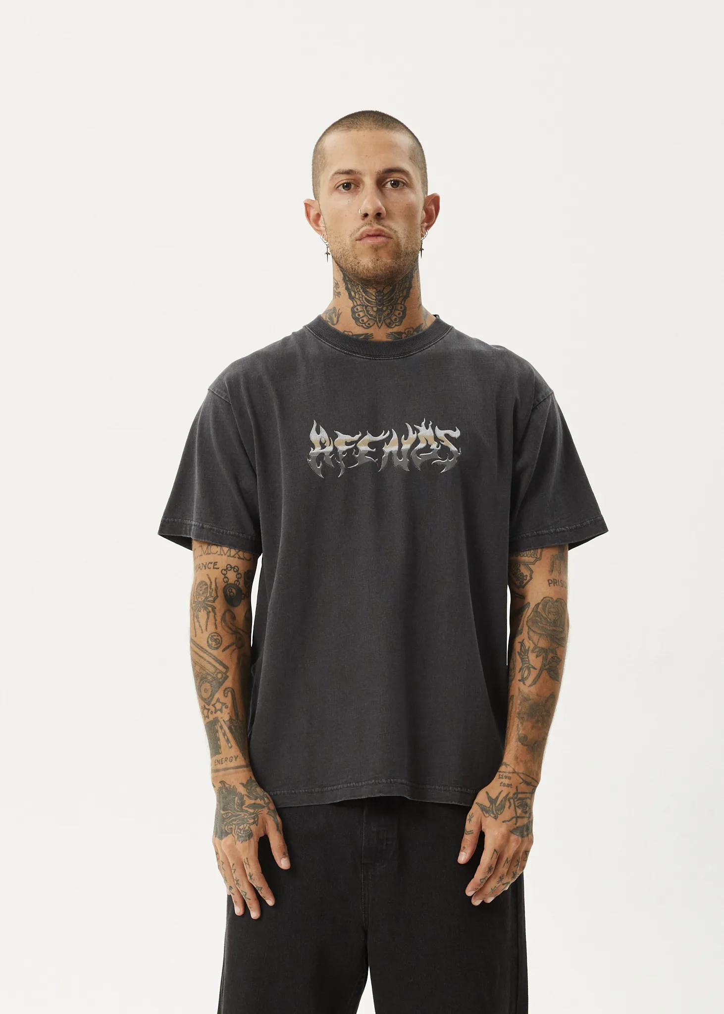AFENDS Mens Scorched - Heavy Weight Boxy Fit Tee - Stone Black