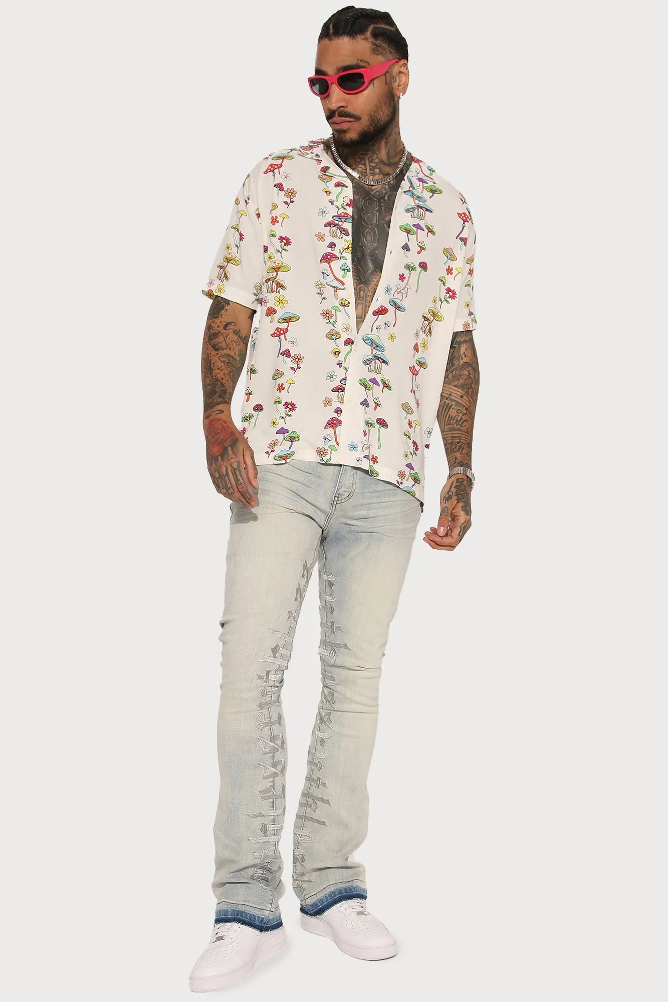 All Over Mushroom Short Sleeve Button Up - Yellow/combo