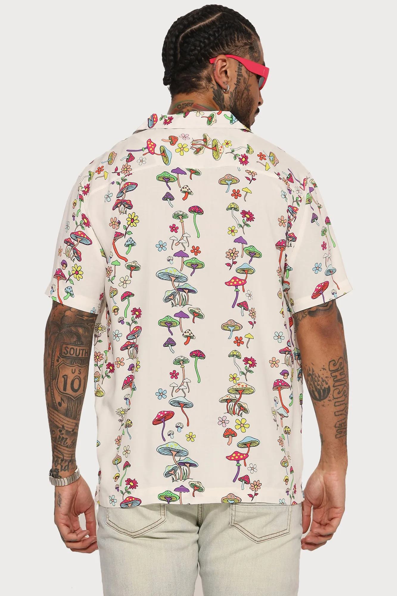All Over Mushroom Short Sleeve Button Up - Yellow/combo