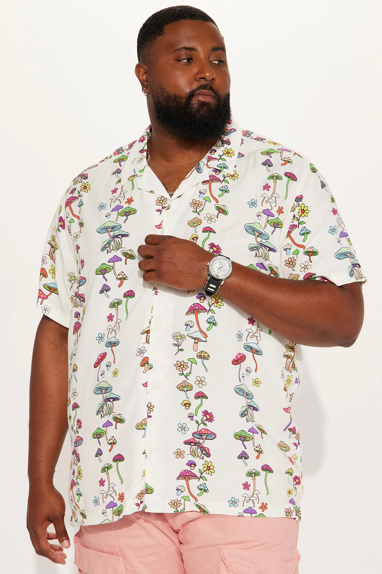 All Over Mushroom Short Sleeve Button Up - Yellow/combo