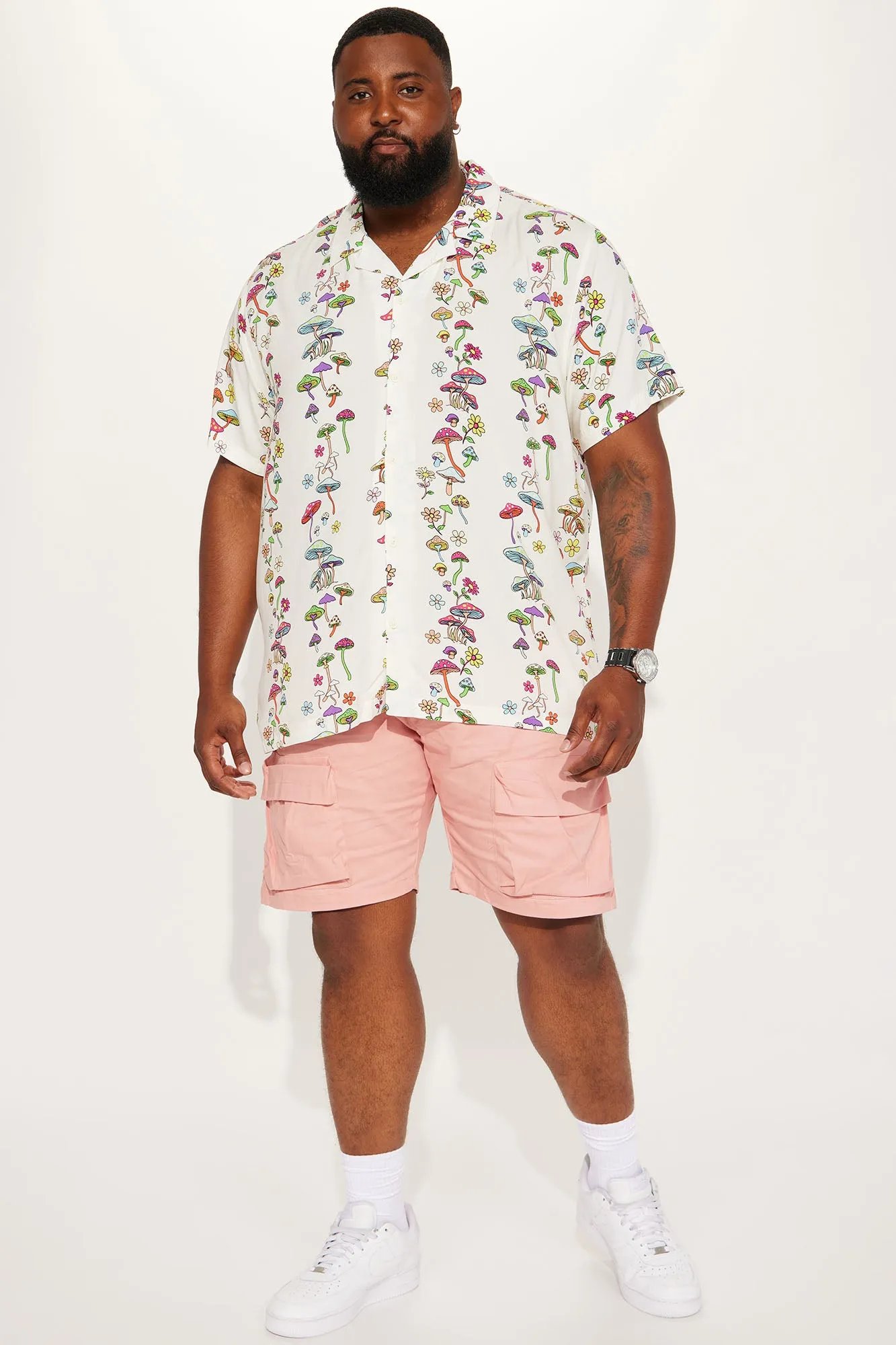 All Over Mushroom Short Sleeve Button Up - Yellow/combo