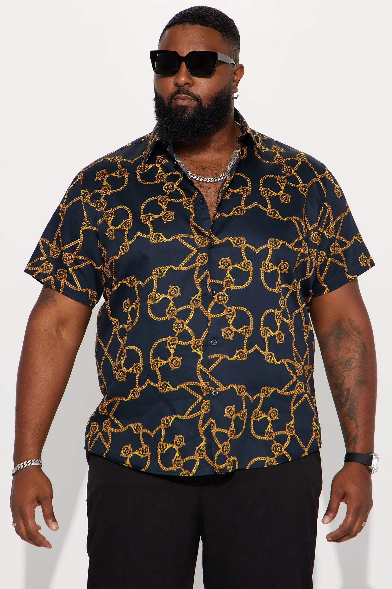 All Over Satin Short Sleeve Button Up Shirt - Black/Gold