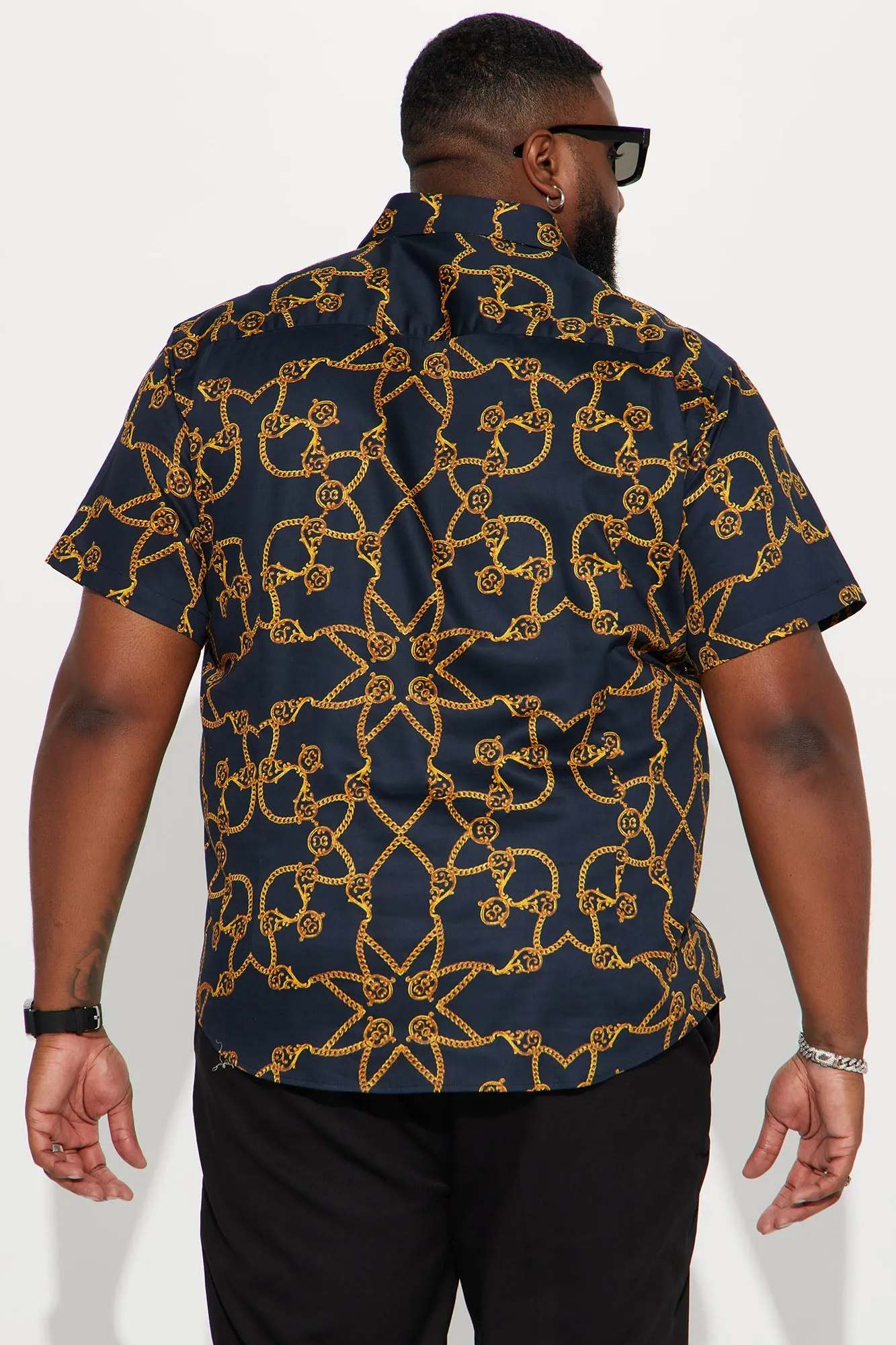 All Over Satin Short Sleeve Button Up Shirt - Black/Gold
