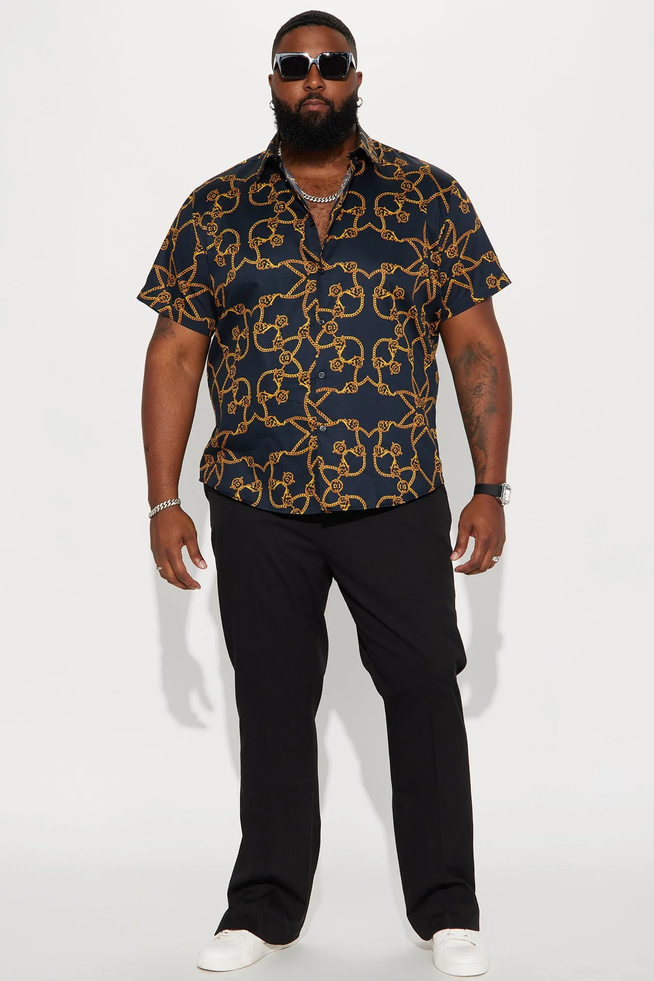 All Over Satin Short Sleeve Button Up Shirt - Black/Gold