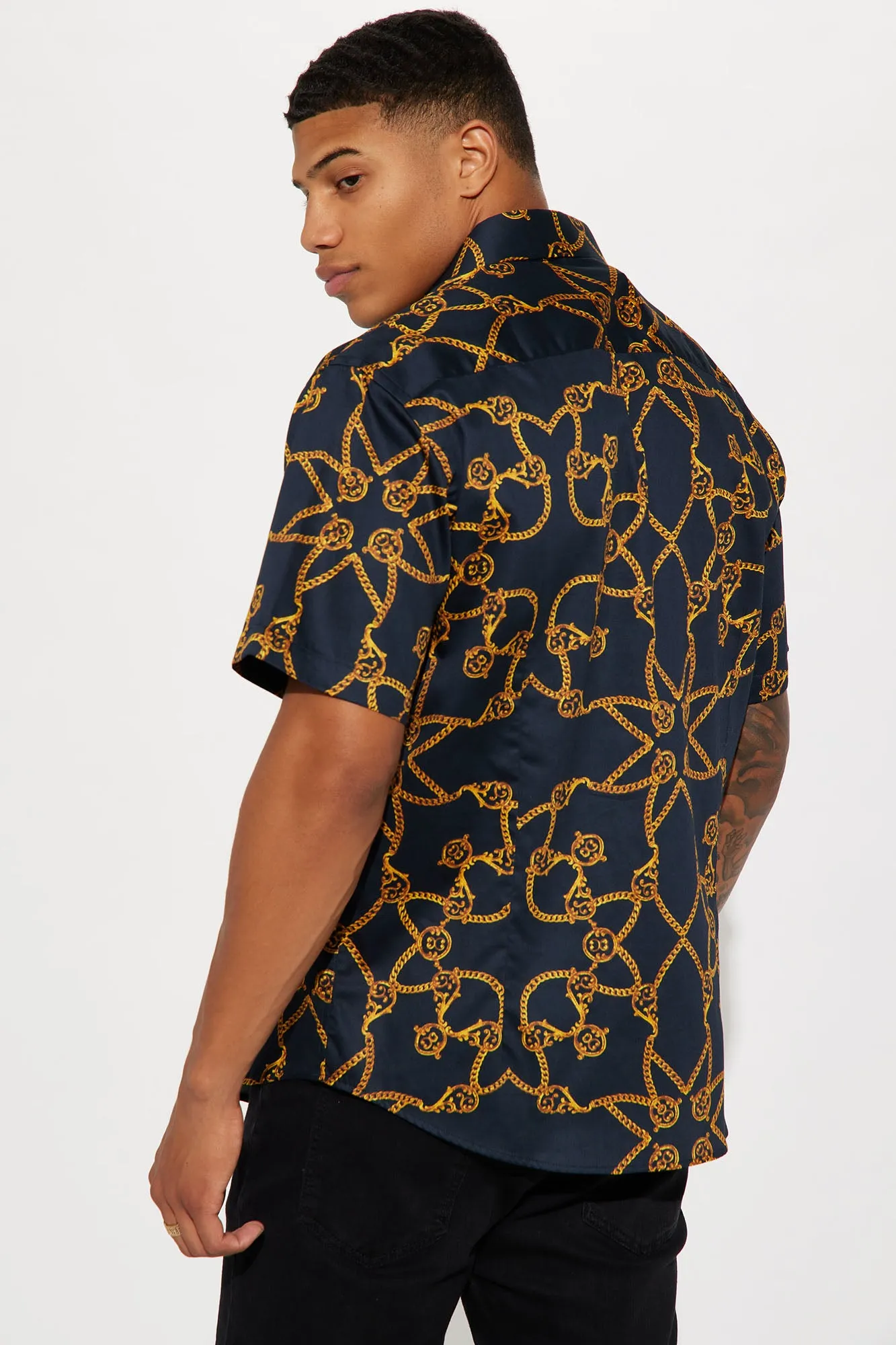 All Over Satin Short Sleeve Button Up Shirt - Black/Gold