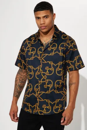All Over Satin Short Sleeve Button Up Shirt - Black/Gold