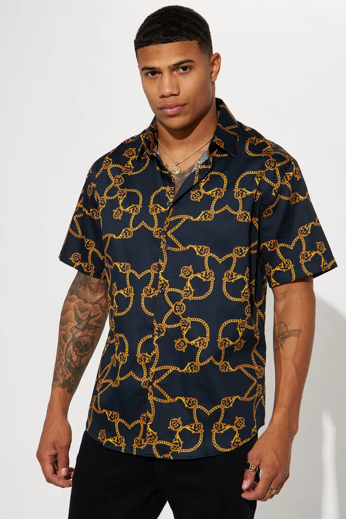 All Over Satin Short Sleeve Button Up Shirt - Black/Gold