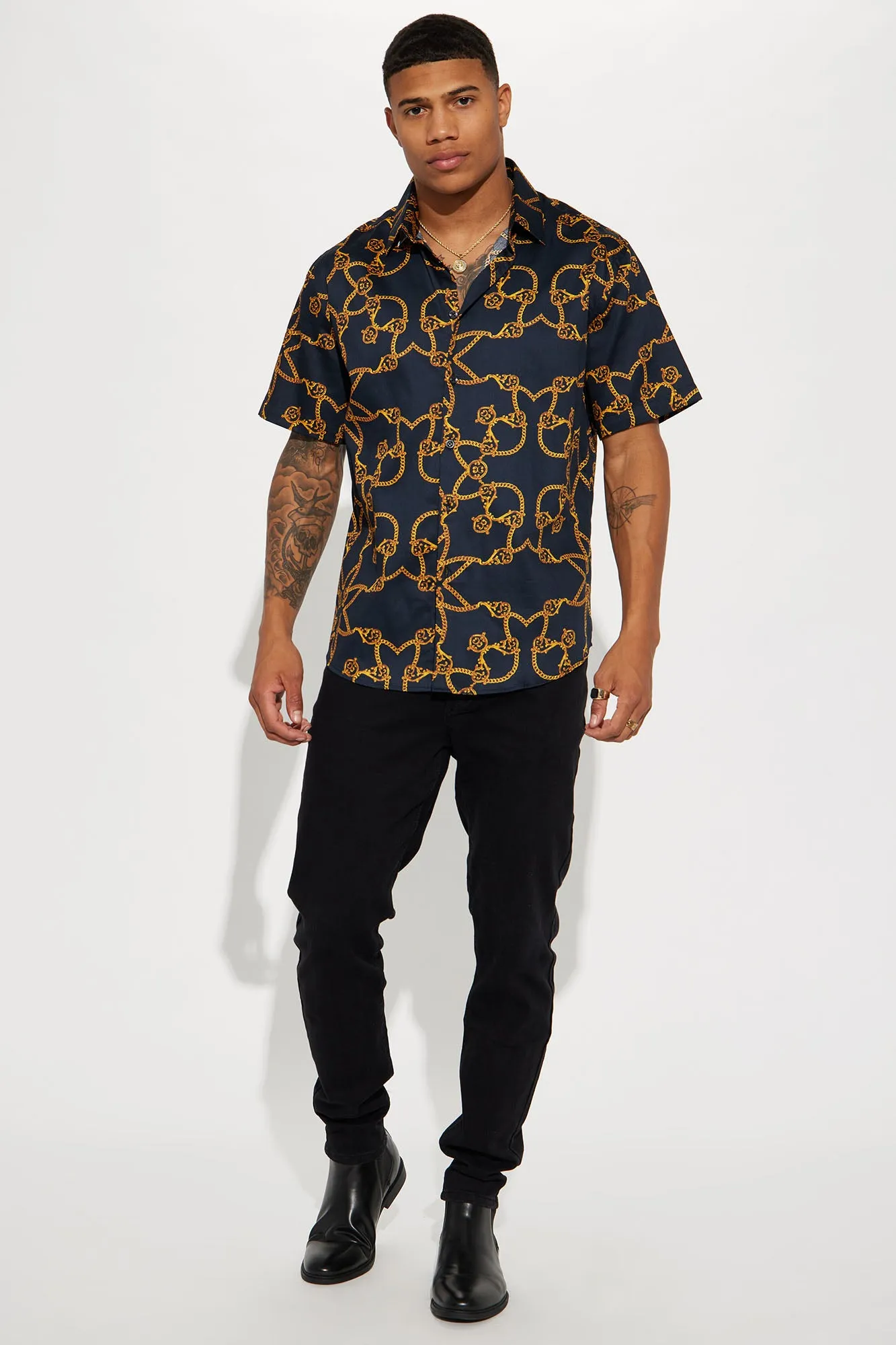 All Over Satin Short Sleeve Button Up Shirt - Black/Gold