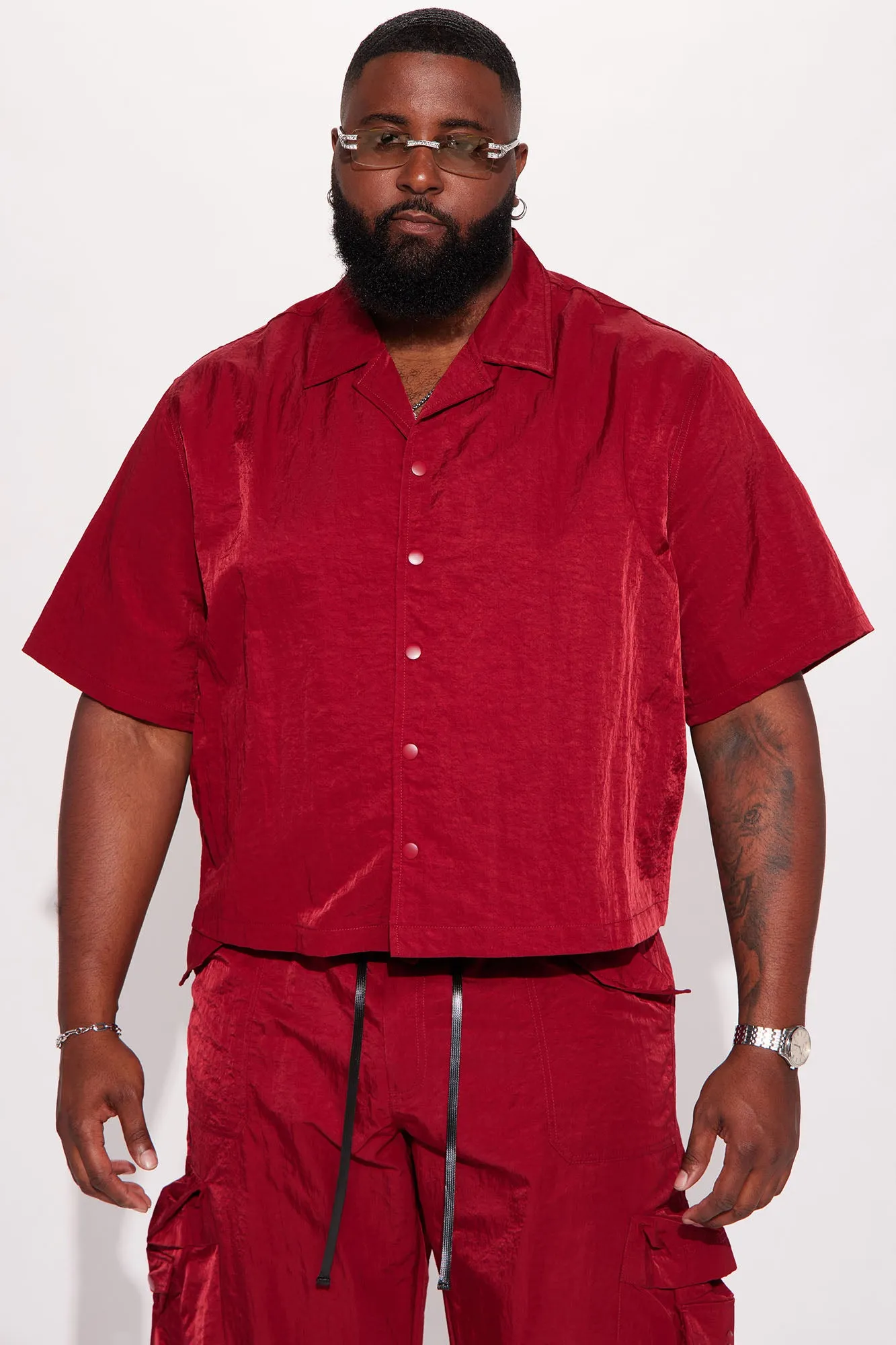 As It Was Cropped Nylon Button Up Shirt - Burgundy