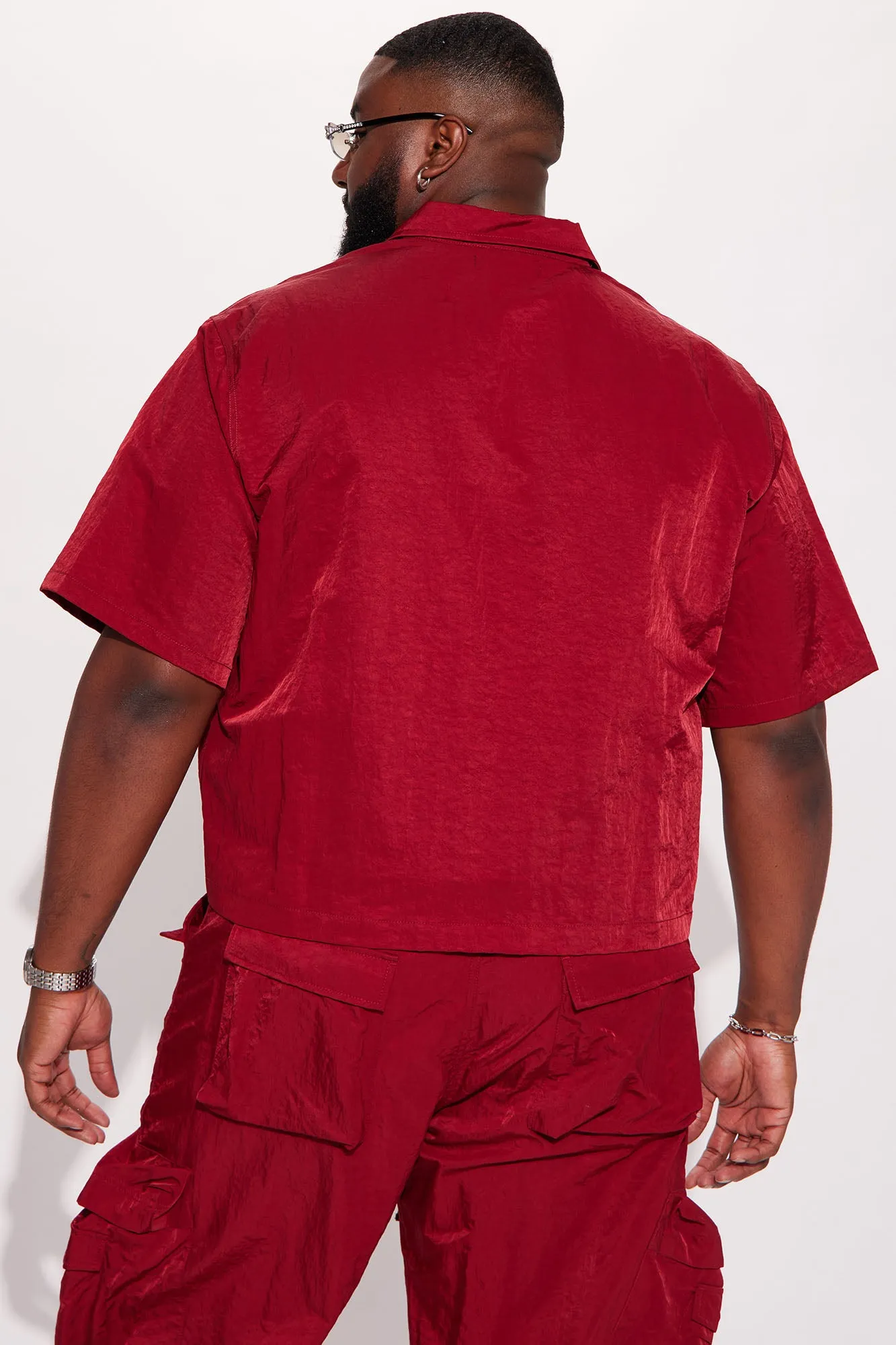 As It Was Cropped Nylon Button Up Shirt - Burgundy