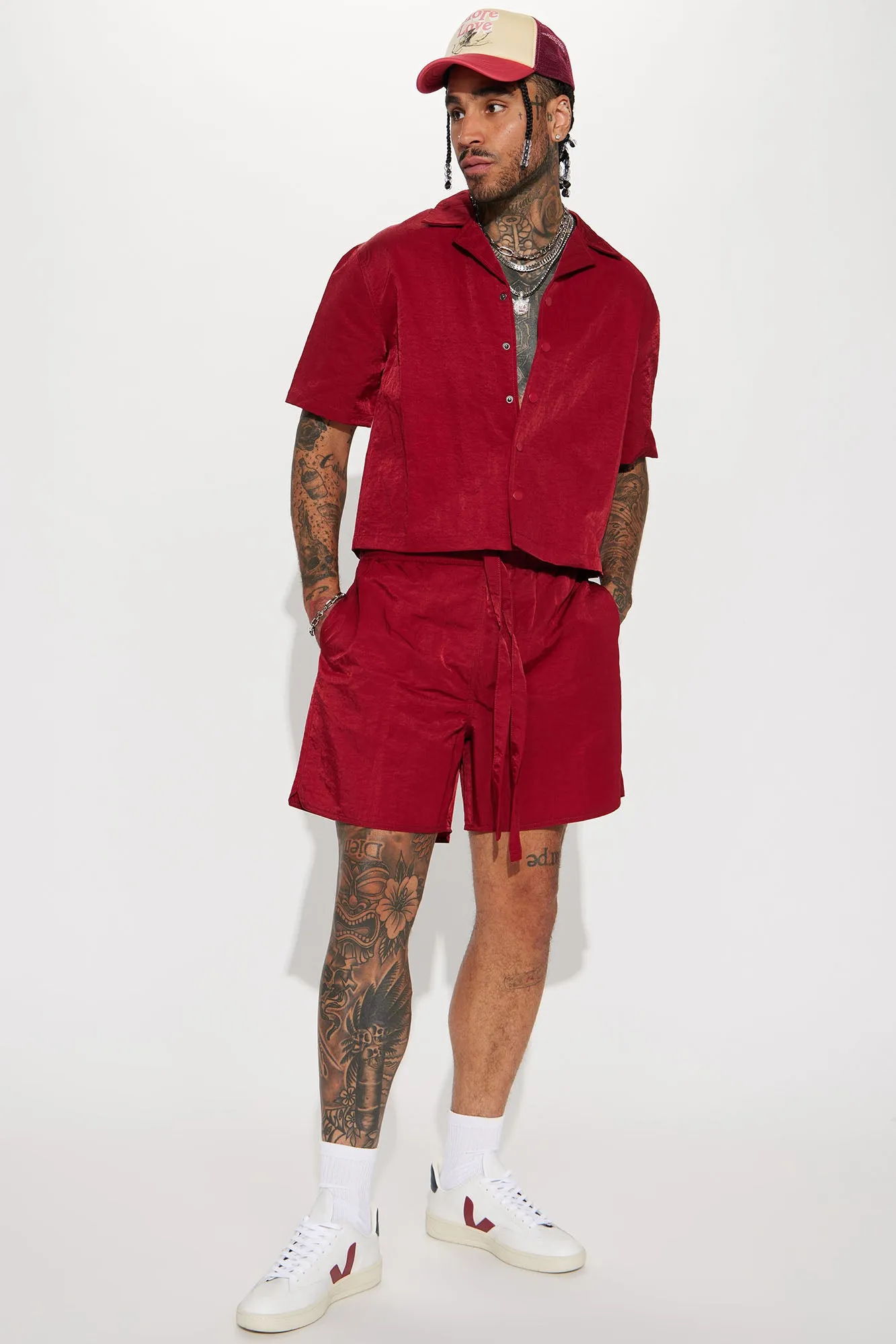 As It Was Cropped Nylon Button Up Shirt - Burgundy
