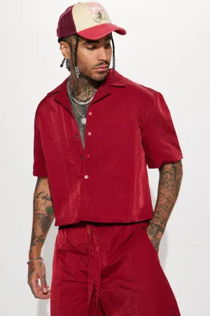 As It Was Cropped Nylon Button Up Shirt - Burgundy
