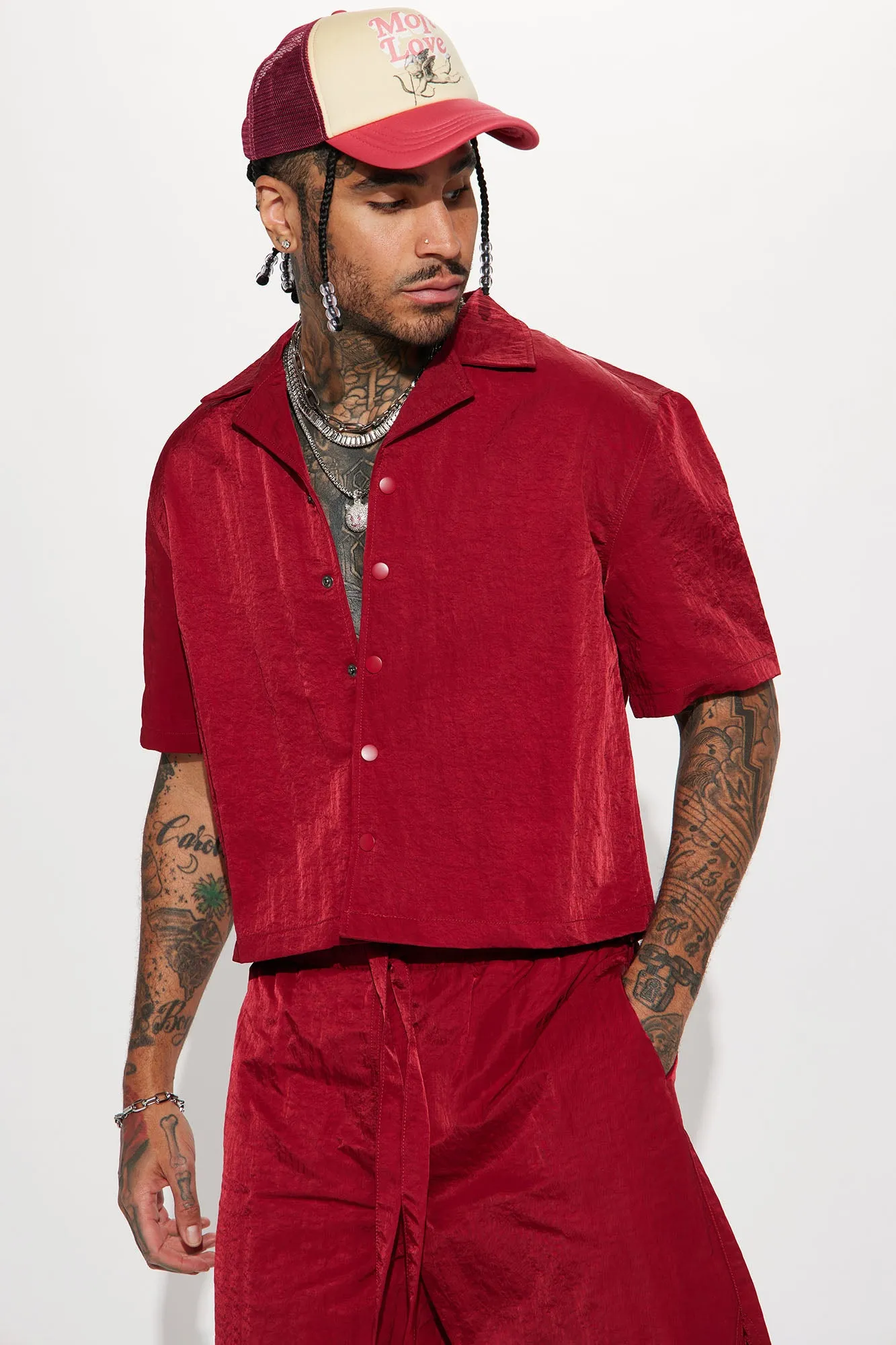 As It Was Cropped Nylon Button Up Shirt - Burgundy
