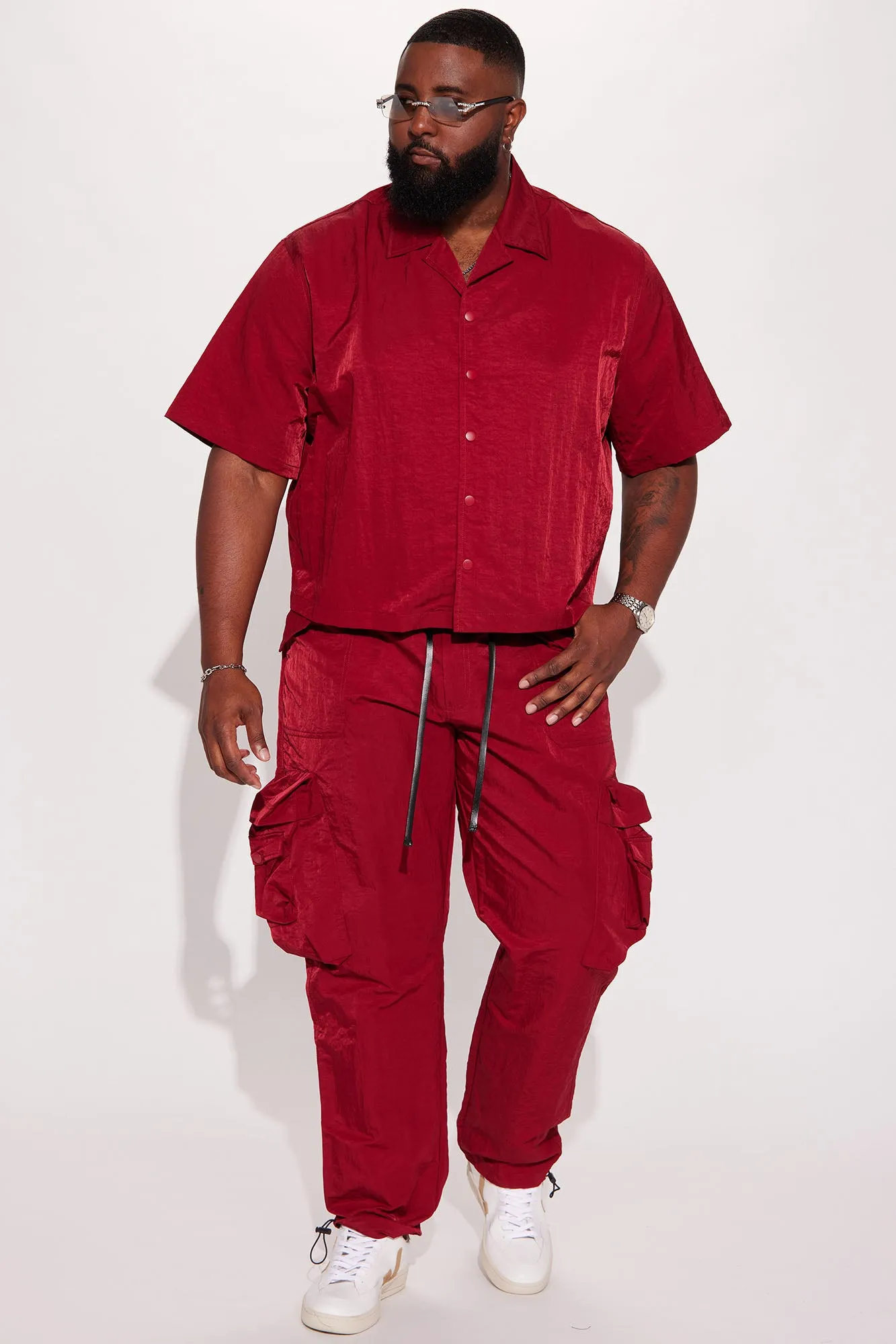 As It Was Cropped Nylon Button Up Shirt - Burgundy