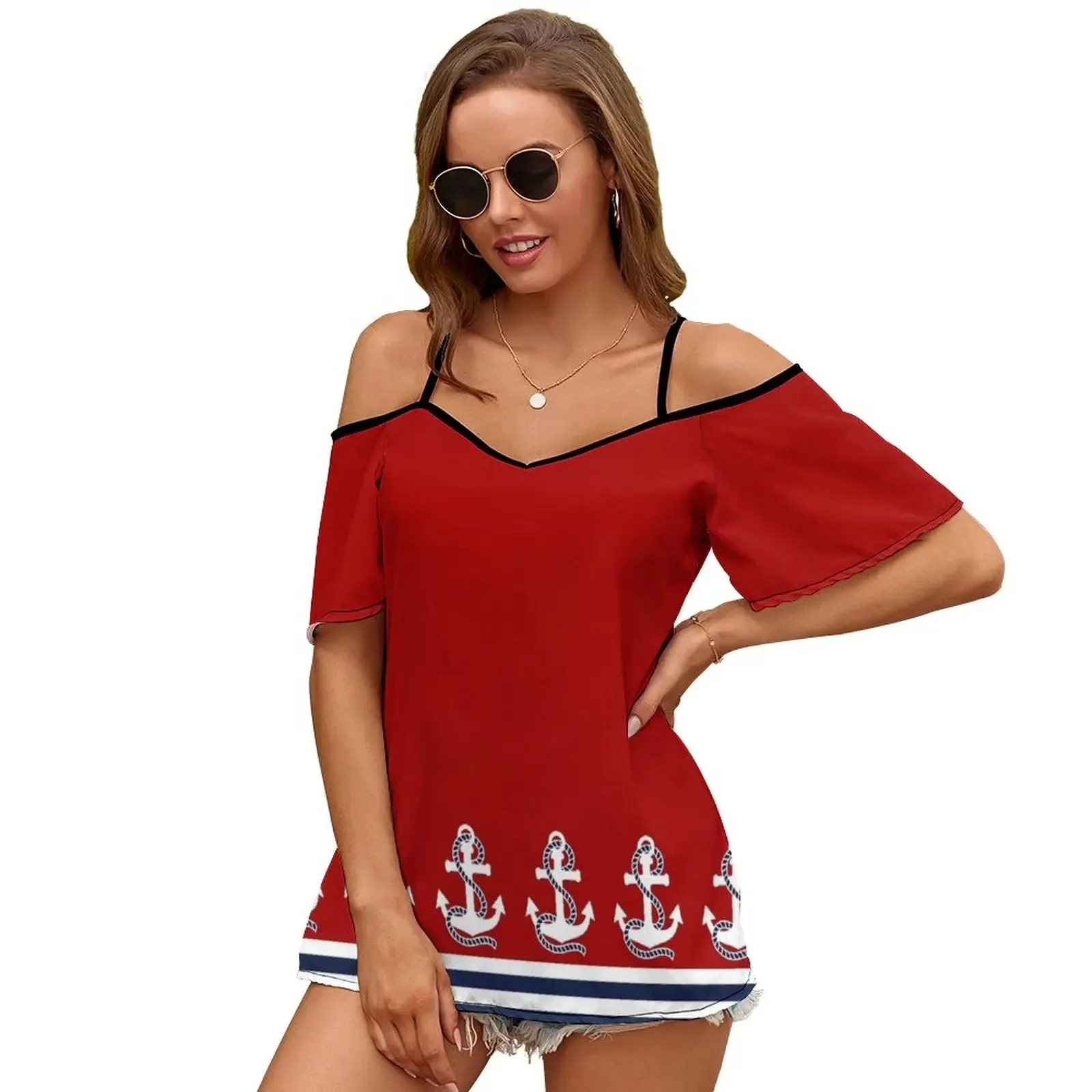 Ashore Shop Womens Nautical Red White Stripes And Blue Anchors  Vneck zipper Top
