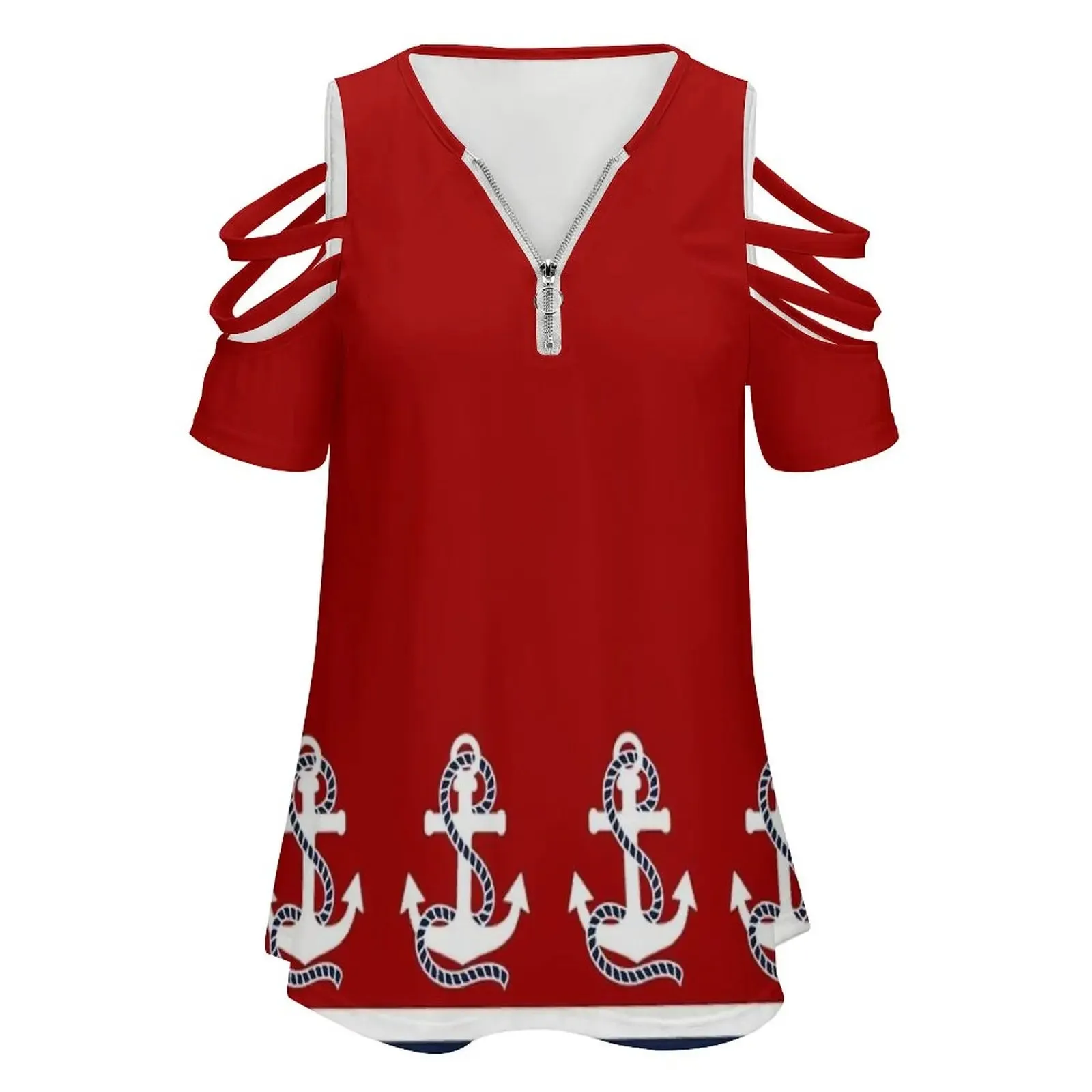 Ashore Shop Womens Nautical Red White Stripes And Blue Anchors  Vneck zipper Top
