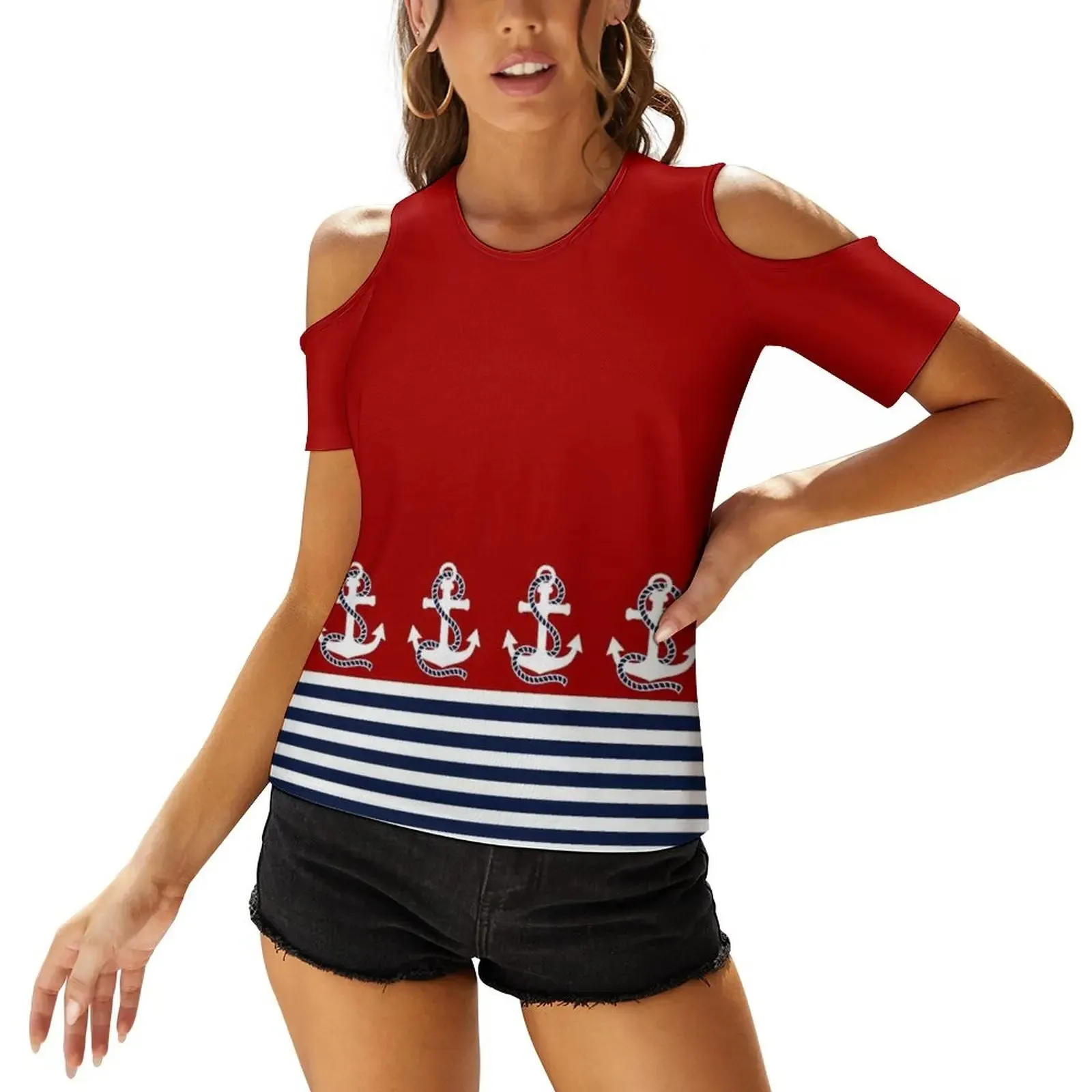 Ashore Shop Womens Nautical Red White Stripes And Blue Anchors  Vneck zipper Top