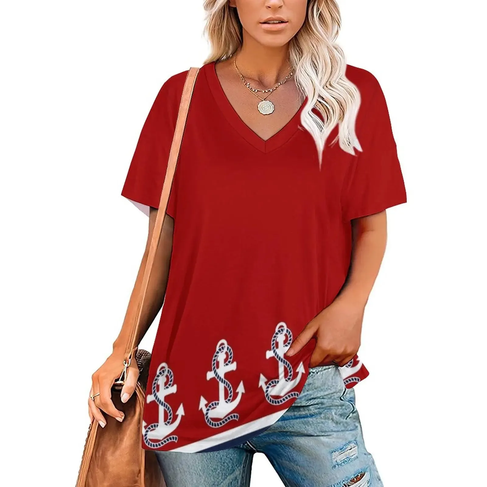 Ashore Shop Womens Nautical Red White Stripes And Blue Anchors  Vneck zipper Top