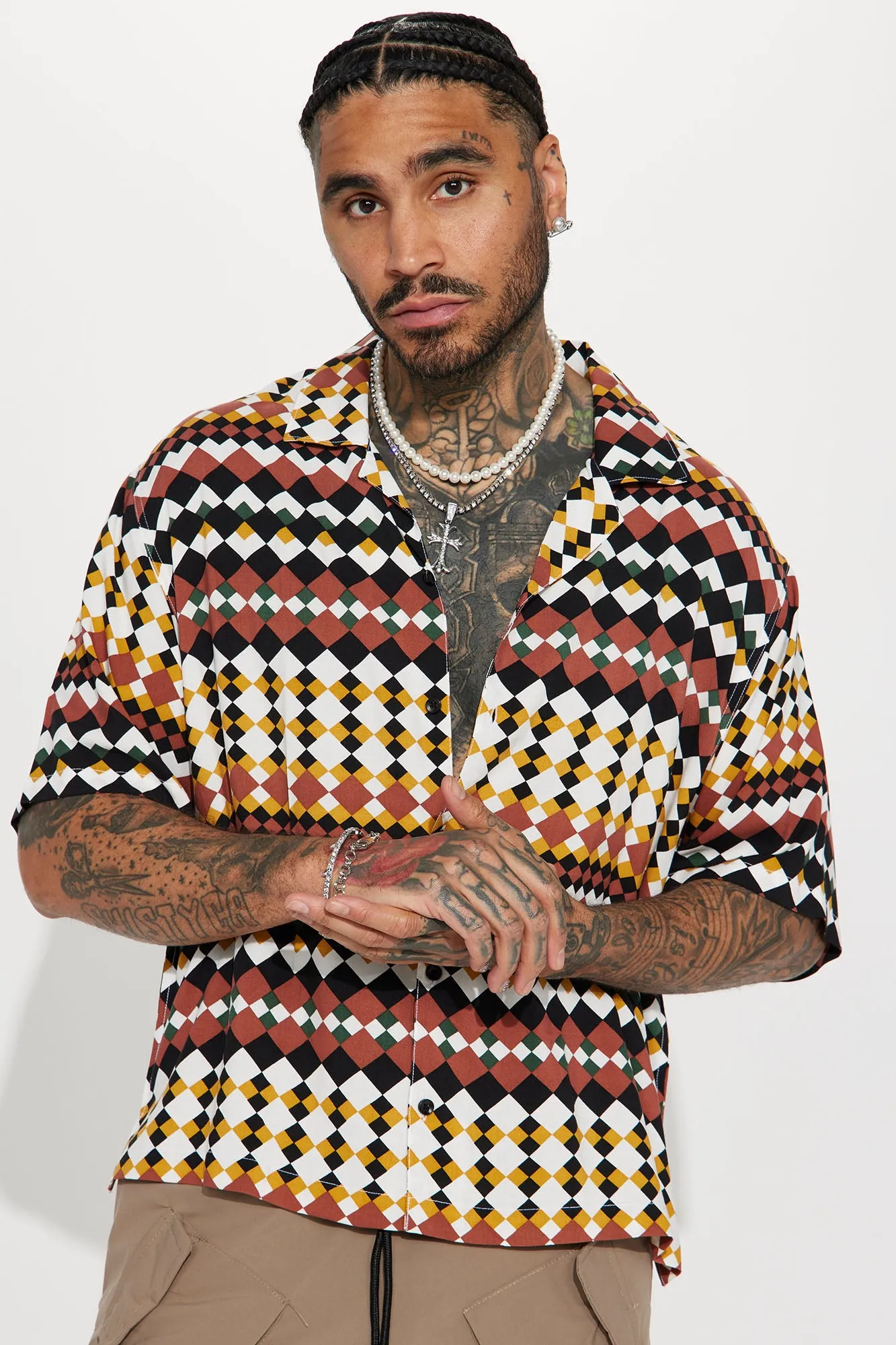 Assorted Geometric Short Sleeve Button Up - Black/combo