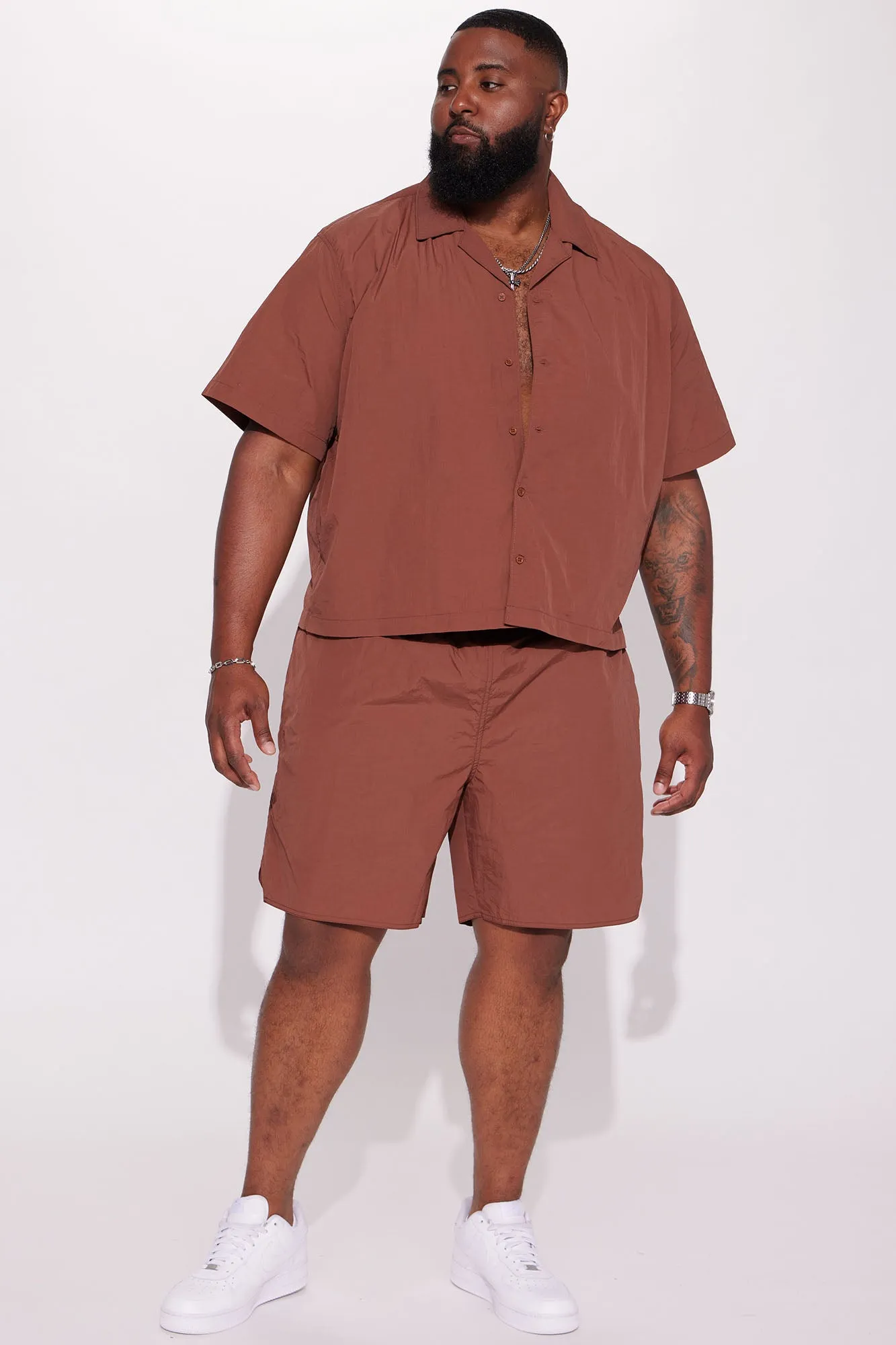 Batter Up Crinkle Nylon Short Sleeve Button Up - Brown