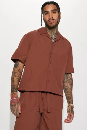 Batter Up Crinkle Nylon Short Sleeve Button Up - Brown