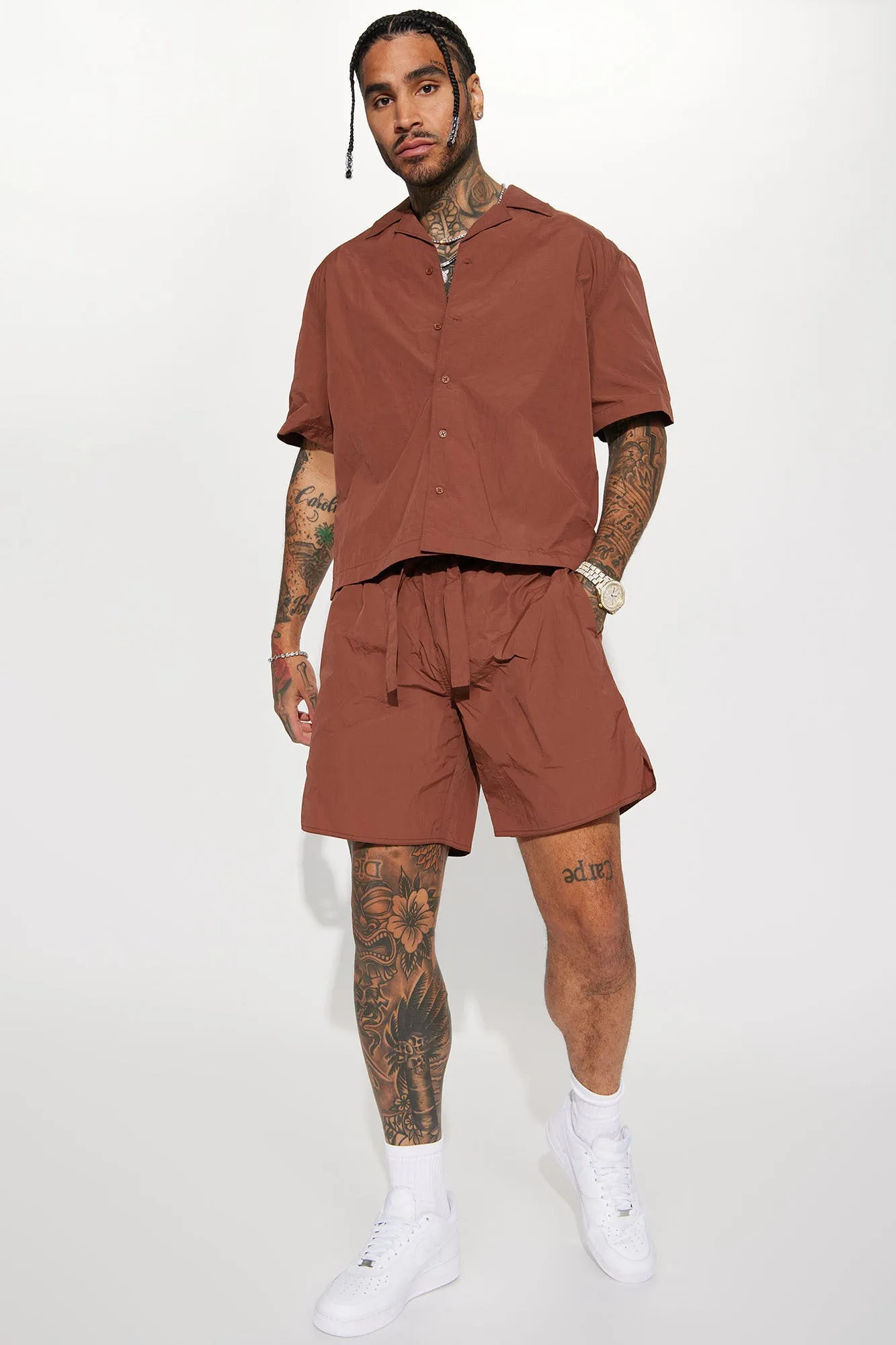 Batter Up Crinkle Nylon Short Sleeve Button Up - Brown