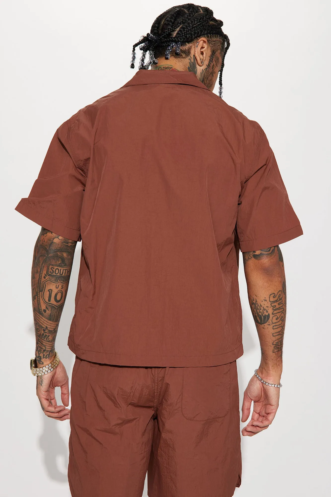 Batter Up Crinkle Nylon Short Sleeve Button Up - Brown