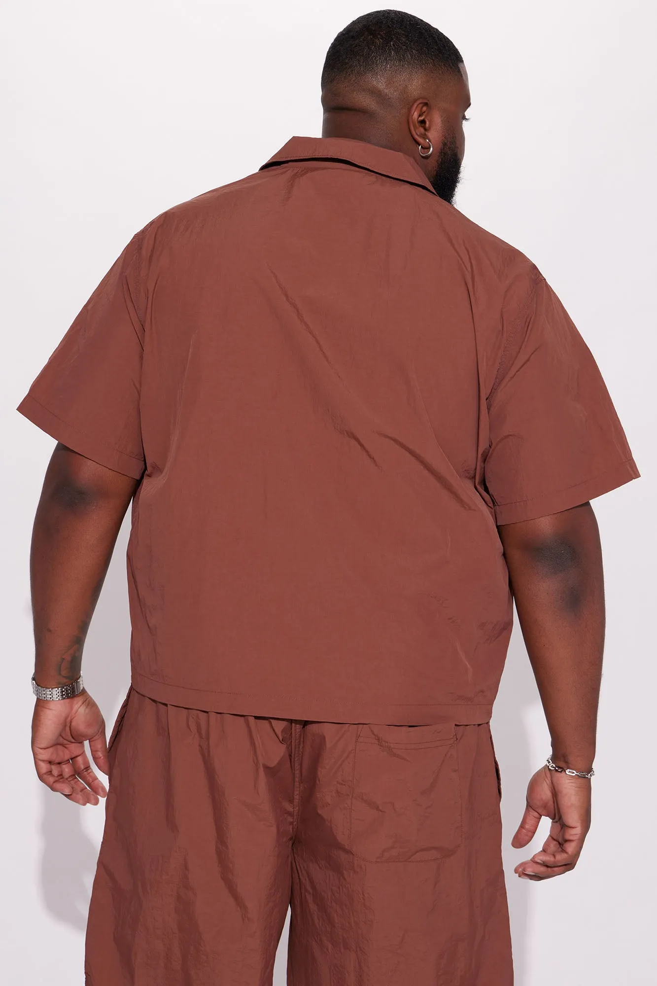 Batter Up Crinkle Nylon Short Sleeve Button Up - Brown
