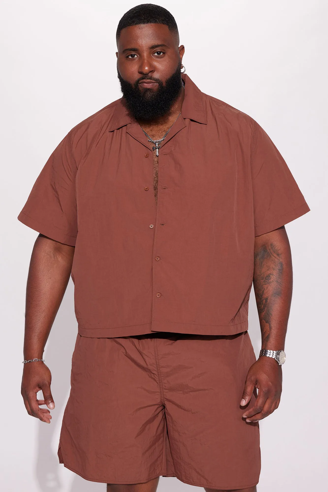 Batter Up Crinkle Nylon Short Sleeve Button Up - Brown