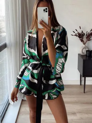Batwing Sleeve Kimono Blouse Geometric Print Turn Down Collar Belt Sashes Oversize Casual Shirts Women Summer Chic Tops Outwear