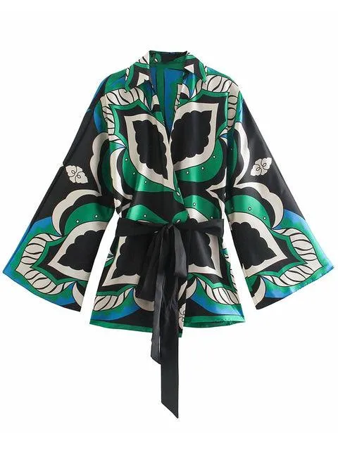 Batwing Sleeve Kimono Blouse Geometric Print Turn Down Collar Belt Sashes Oversize Casual Shirts Women Summer Chic Tops Outwear