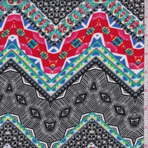 Black/White/Red Zig Zag Rayon Challis Fabric