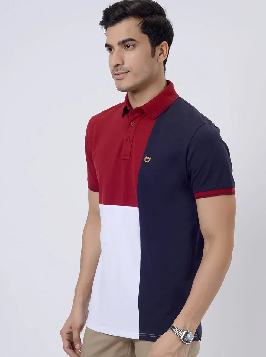 Blue & Maroon Striped Slim Fit Polo T-Shirt | JadeBlue