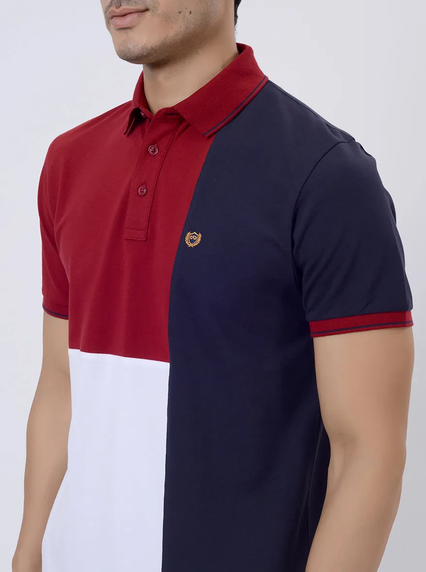 Blue & Maroon Striped Slim Fit Polo T-Shirt | JadeBlue