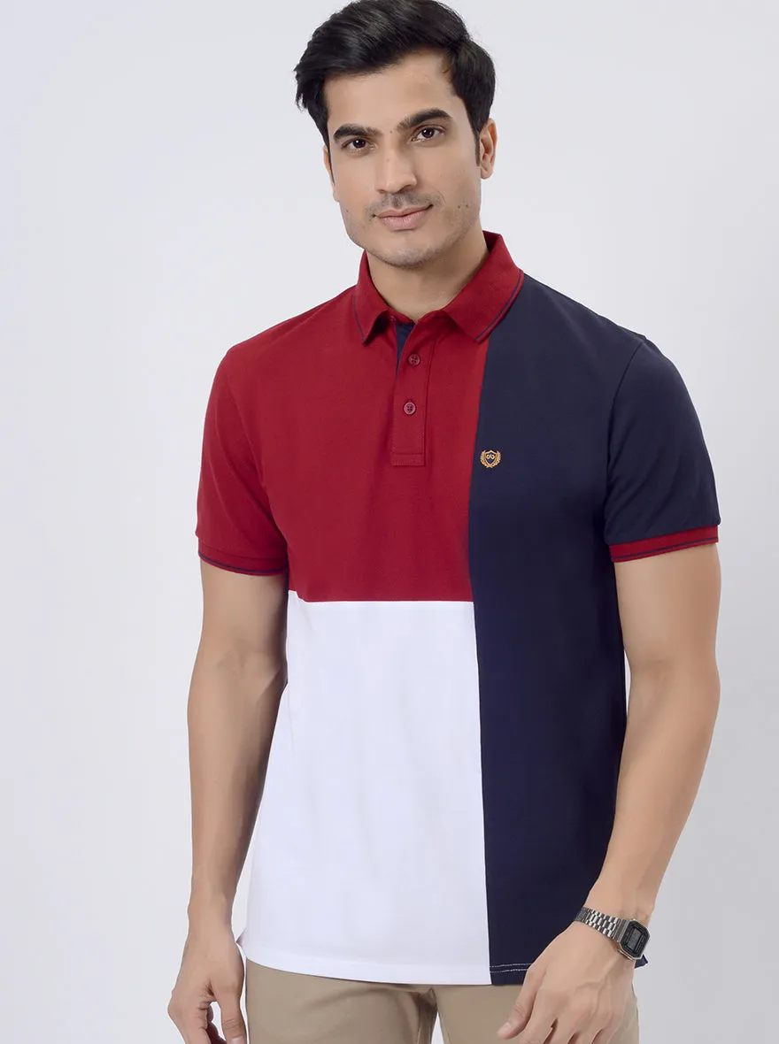 Blue & Maroon Striped Slim Fit Polo T-Shirt | JadeBlue