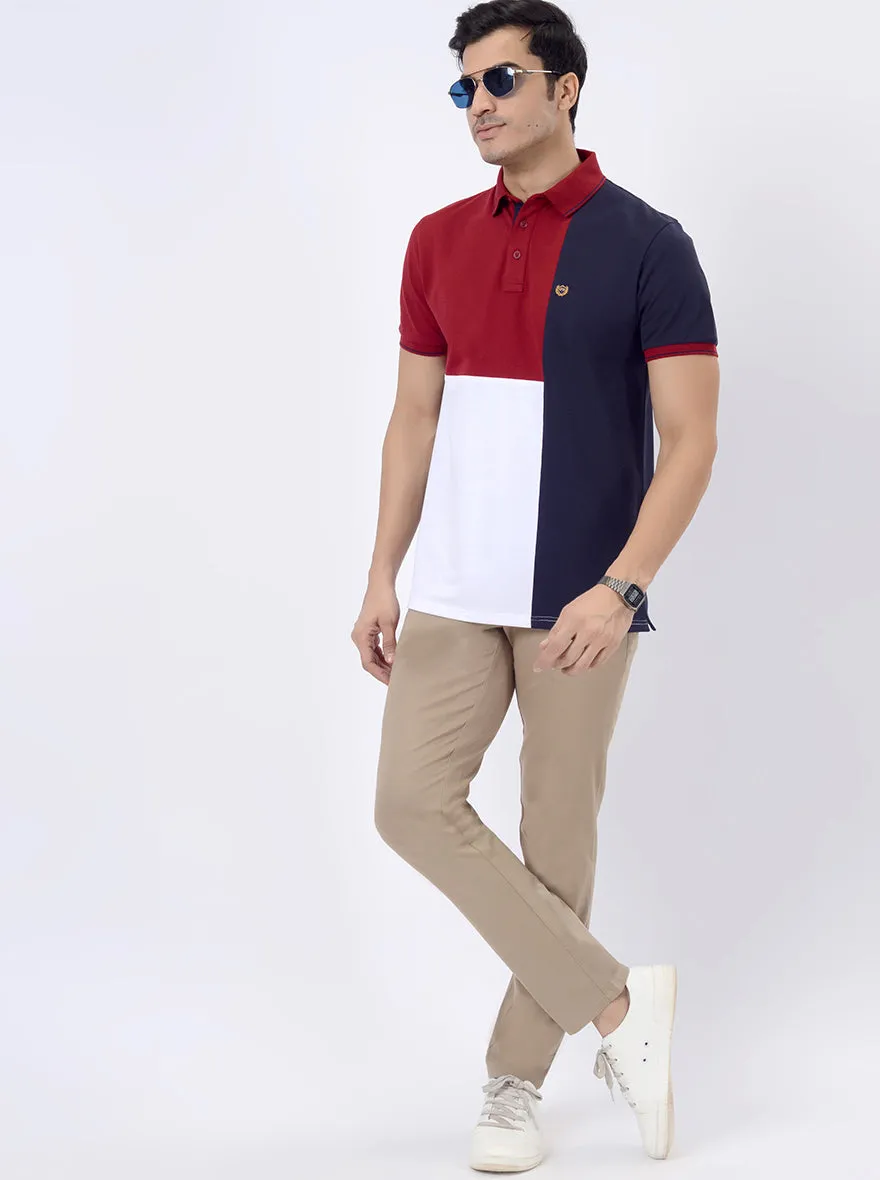 Blue & Maroon Striped Slim Fit Polo T-Shirt | JadeBlue
