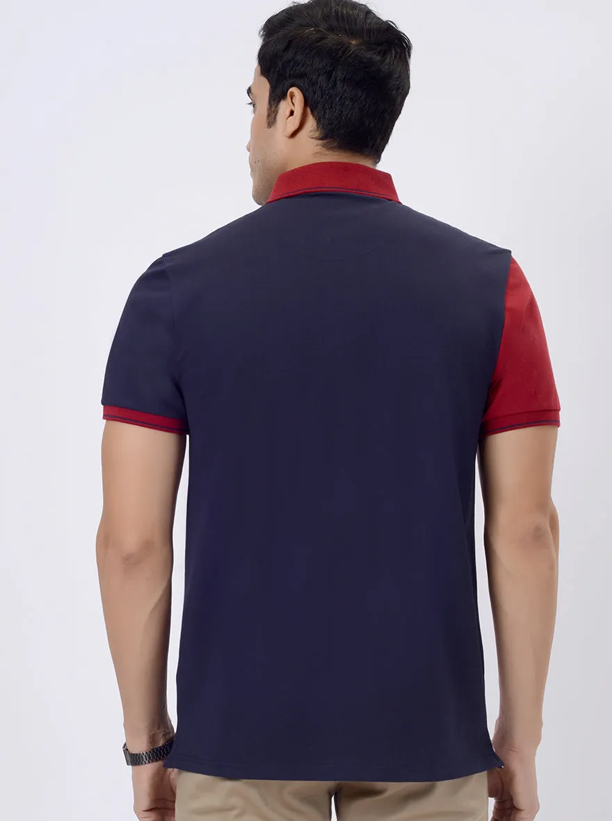 Blue & Maroon Striped Slim Fit Polo T-Shirt | JadeBlue