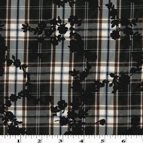 Brown/Multi Velvet Flocked Floral Printed Plaid Shirting Fabric