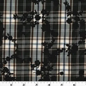 Brown/Multi Velvet Flocked Floral Printed Plaid Shirting Fabric